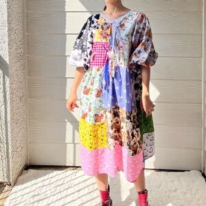 Handmade Animal Kingdom Puff Sleeves Cottage Dress SKU 06165 Tie At Front